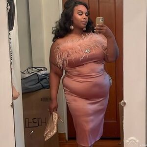 Fashion Nova Strapless Pink Satin Dress with Feather Trim